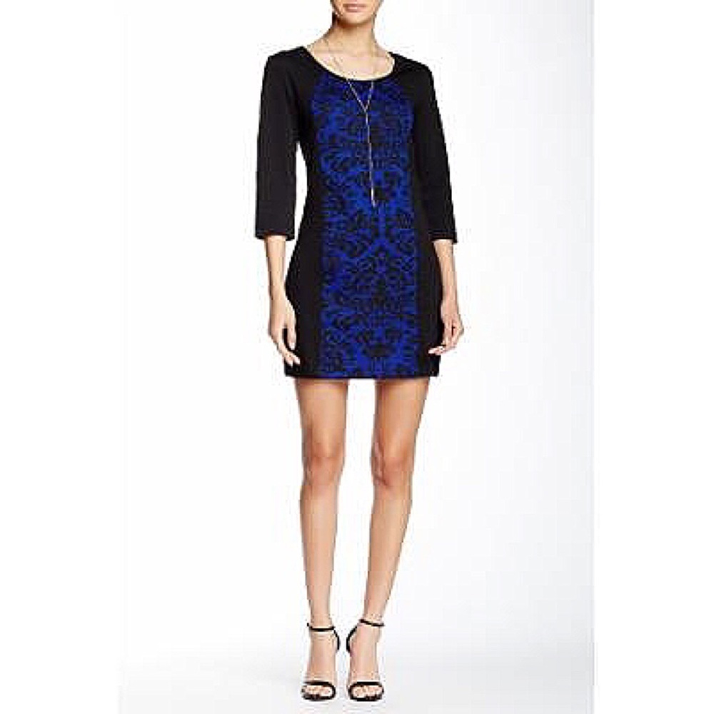 Papillon Damask Print 3/4 Sleeve Dress